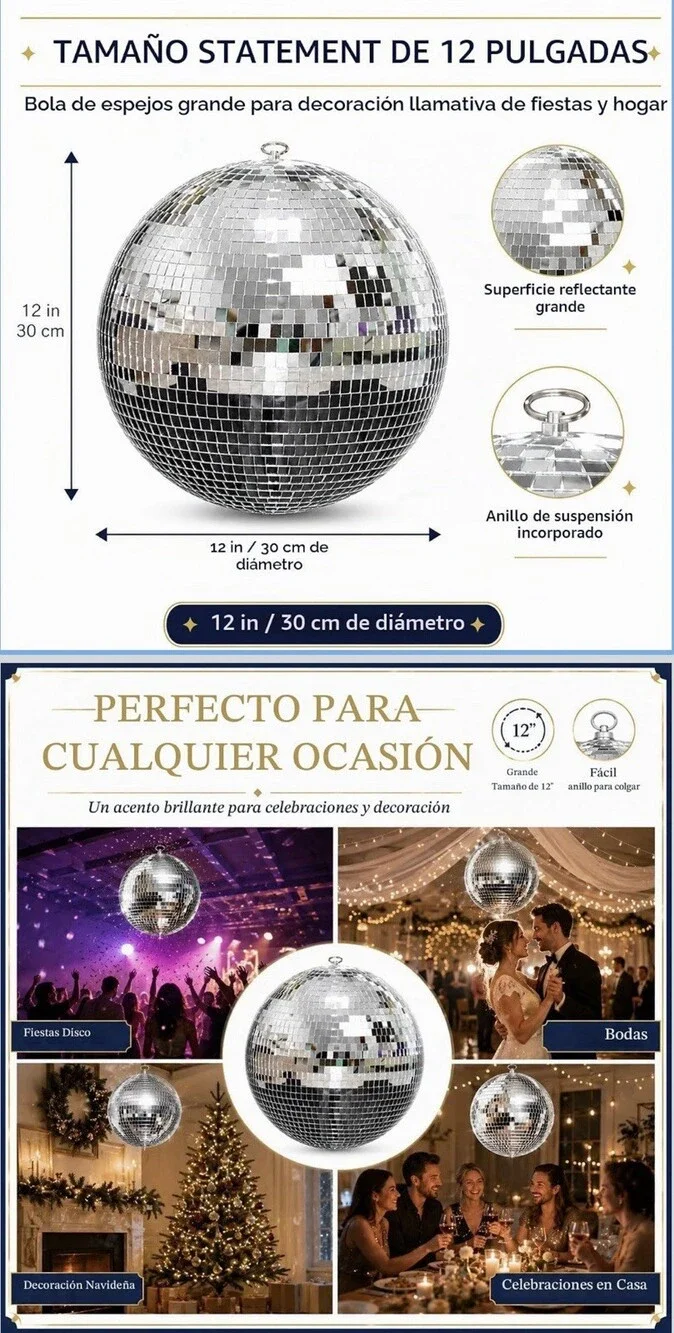12 in Silver Disco Mirror Ball Hanging Decoration, Metal & Glass
